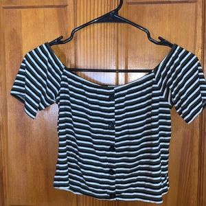 Striped Button Down Off the Shoulder Crop Top